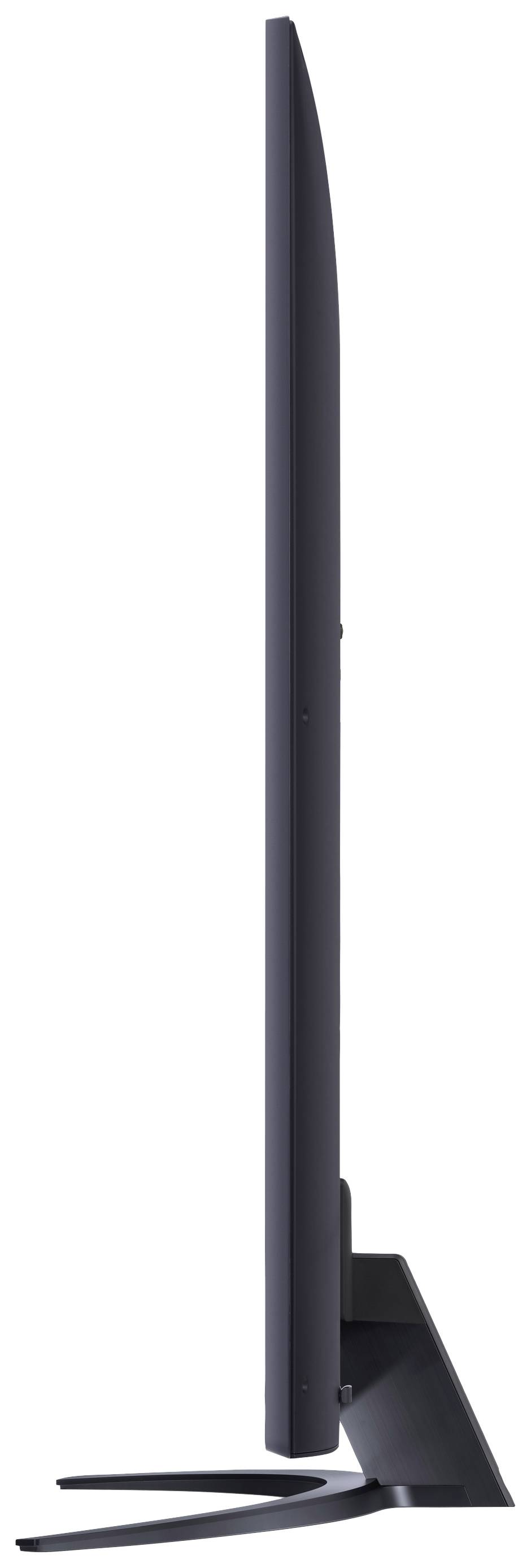 Platte, zijaanzicht van een moderne televisie op een standaard.