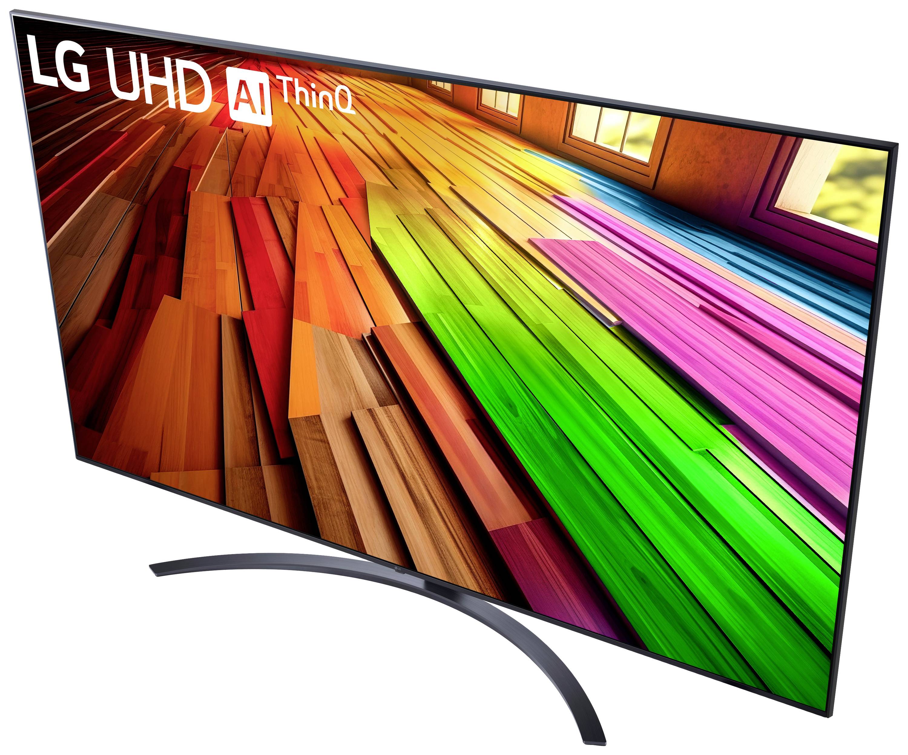 Een LG UHD-tv toont een kleurrijk houtdesign op het scherm. Links bovenaan bevinden zich de logo's van LG, UHD en AI ThinQ.