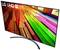 Een LG UHD-tv toont een kleurrijk houtdesign op het scherm. Links bovenaan bevinden zich de logo's van LG, UHD en AI ThinQ.