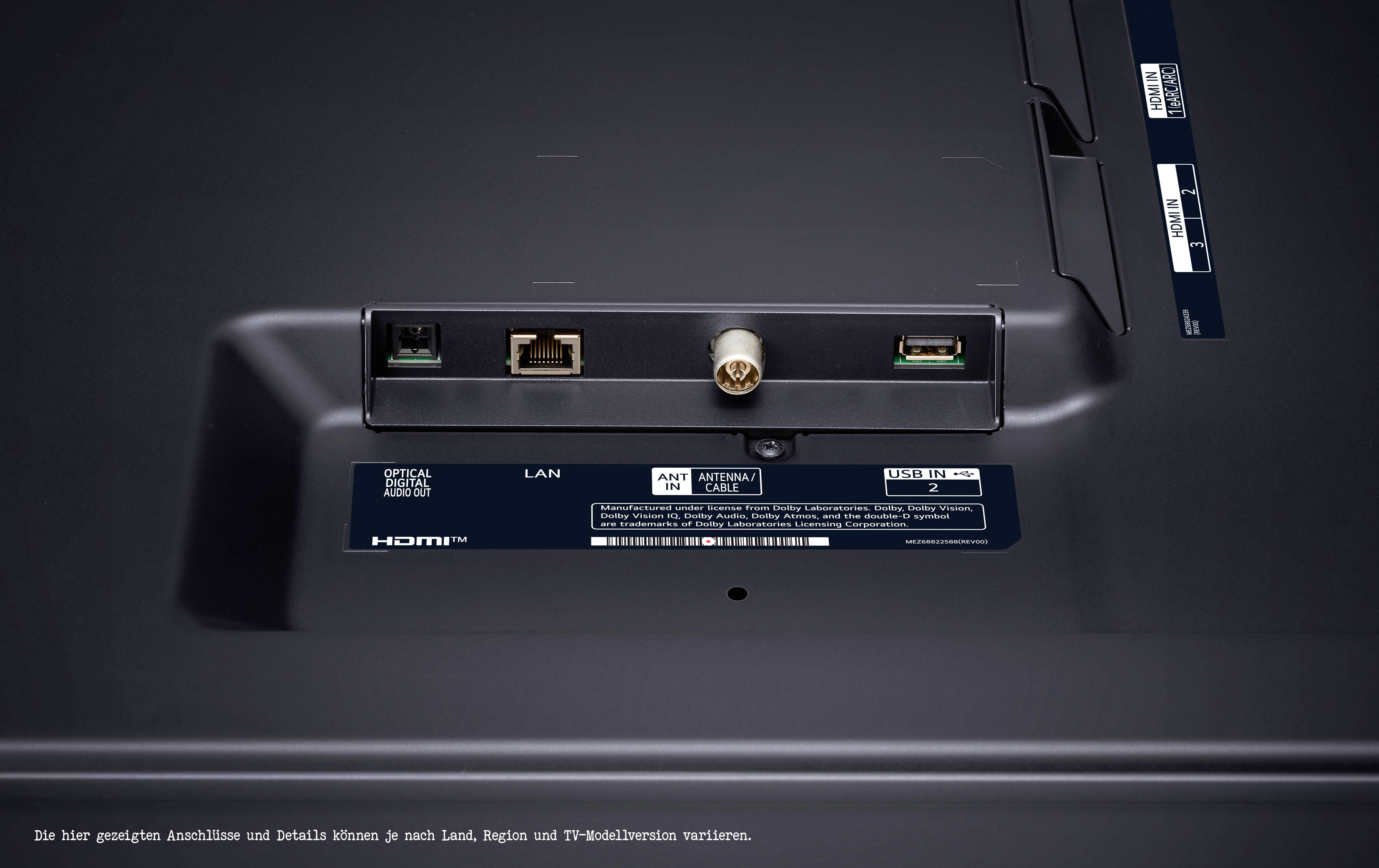 Achterkant van een televisie met verschillende aansluitingen: HDMI, LAN, antenne-aansluiting en twee USB-poorten.
