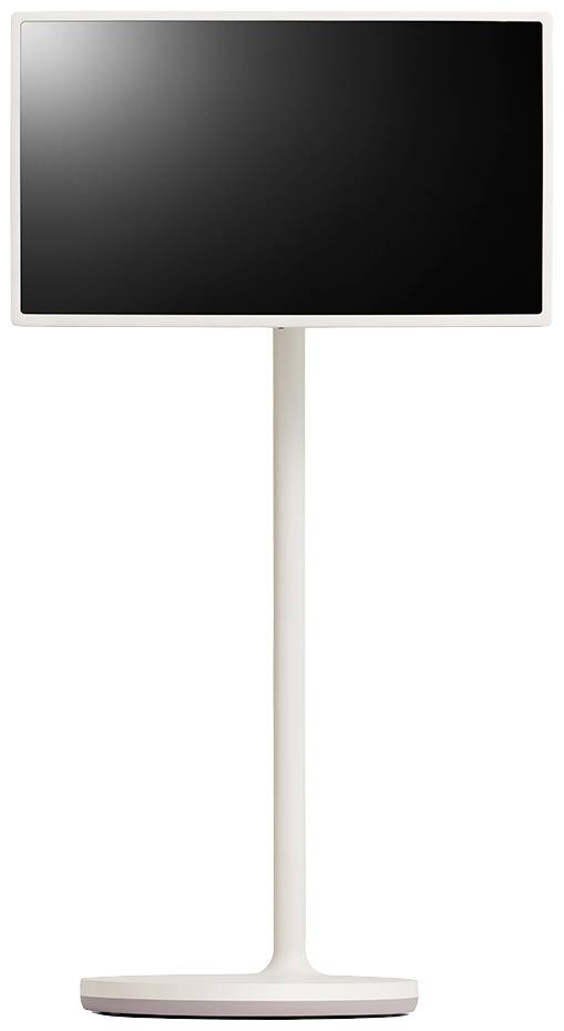 Een platte, zwarte monitor op een witte, slanke standaard. Geen zichtbare tekst of beeldinhoud.