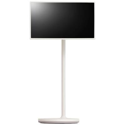 Een platte, zwarte monitor op een witte, slanke standaard. Geen zichtbare tekst of beeldinhoud.