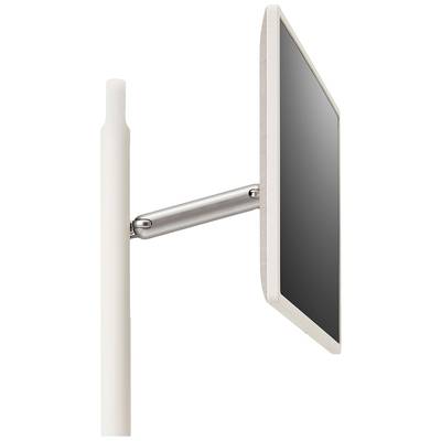 Een wit scherm is bevestigd aan een slanke metalen arm die uitsteekt uit een verticale witte paal.