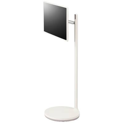 Een vrij staande, witte monitorstandaard met een rechthoekig scherm, gepresenteerd in een minimalistisch design.