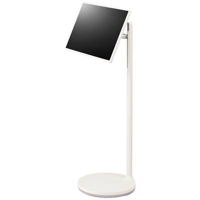 Een witte tabletstandaard met verstelbare arm en rond voetstuk. Het scherm is licht naar voren gekanteld.