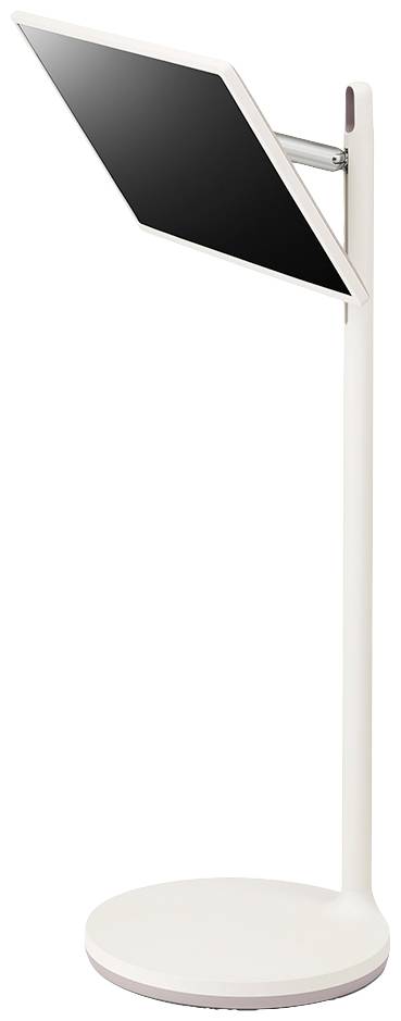 Een witte, vrijstaande tabletstandaard met een zwart scherm onder een hoek. Ideaal voor presentaties of lezingen.