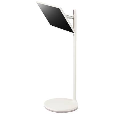 Een witte, vrijstaande tabletstandaard met een zwart scherm onder een hoek. Ideaal voor presentaties of lezingen.