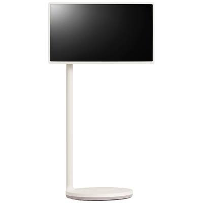 Een vrijstaande monitor op een witte voet met een zwart scherm, zonder zichtbare indicatoren of informatie.