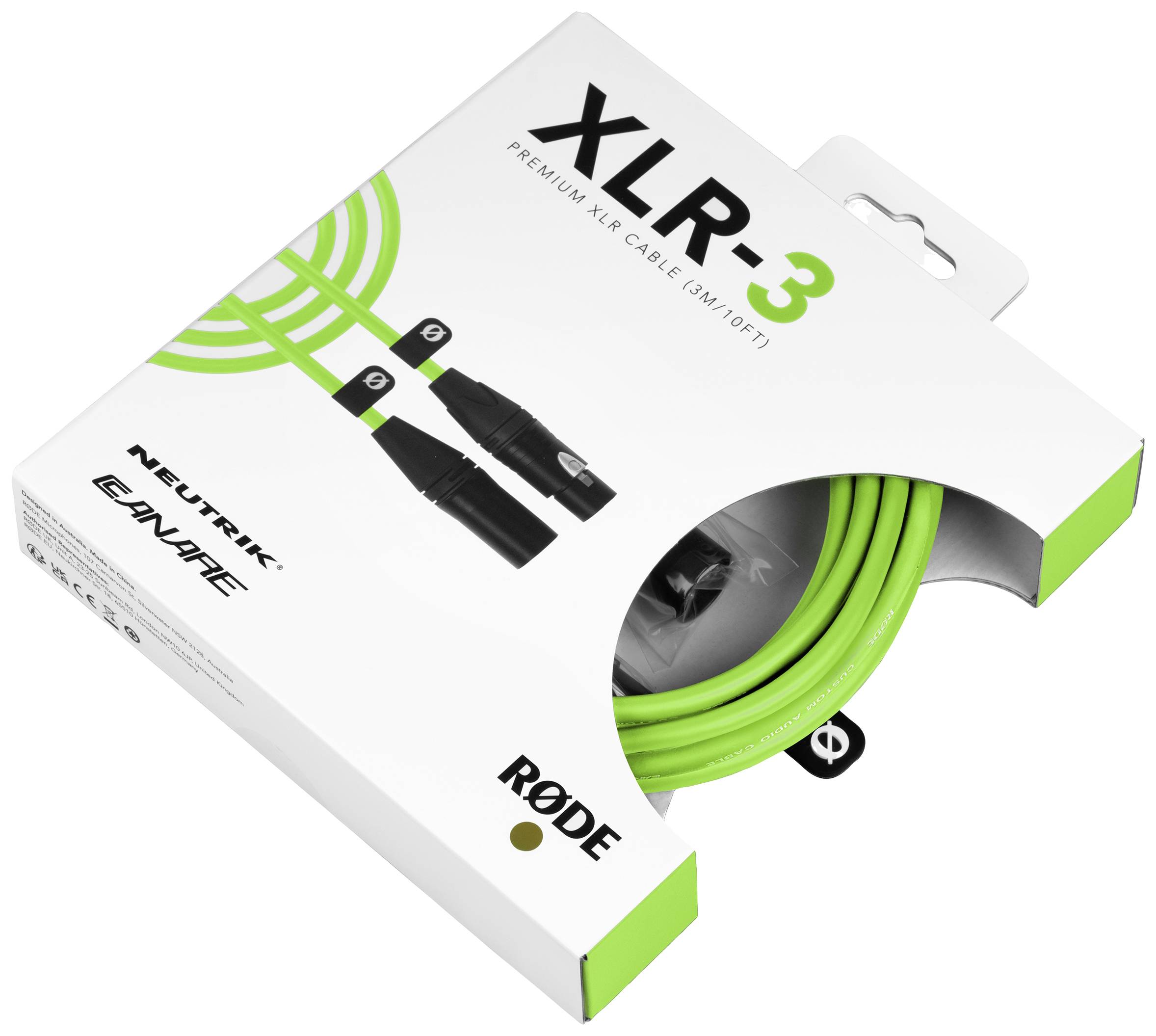 Groene XLR-3-kabelverpakking van RØDE met een lengte van 3 meter en Neutrik-connectoren.
