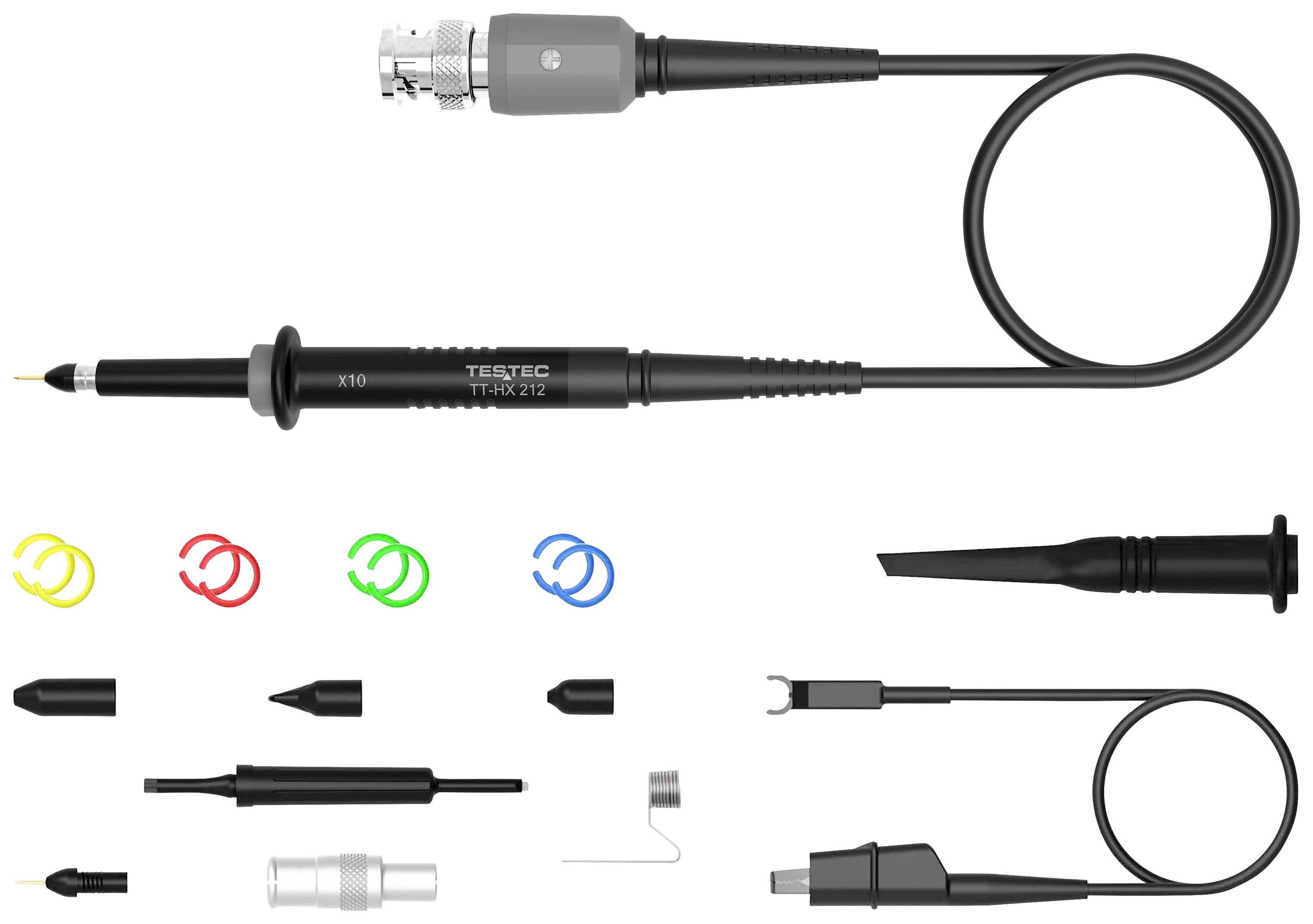 Oscilloscoopsondeset met verschillende gekleurde ringen en accessoires zoals punten en adapters.