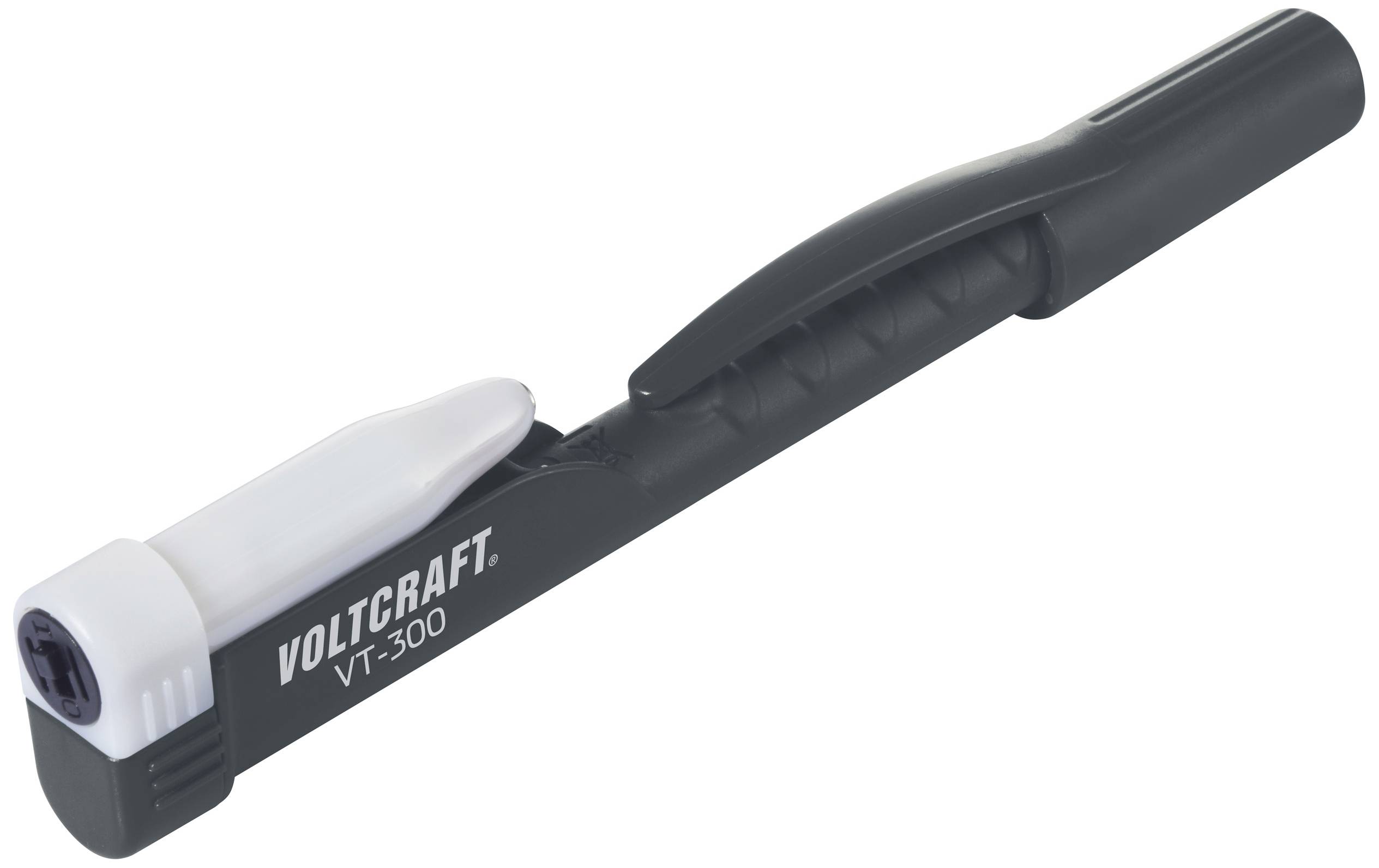 Spanningstester Voltcraft VT-300. Zwarte kunststof behuizing met witte punt en clip.