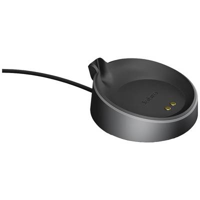 Een zwart, rond oplaadapparaat met twee gouden contactpunten aan de binnenkant. Het kabel is links aangesloten.