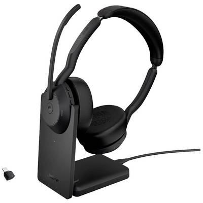 Draadloze headset met microfoon, zwart, op laadstation met USB-ontvanger. Ideaal voor telefoonconferenties en muziekgenot.