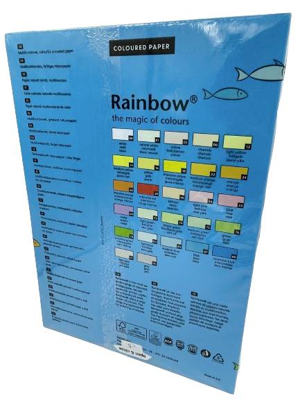 Verpakking met gekleurd papier, voorzien van het opschrift 'Rainbow® the magic of colours', toont verschillende papierkleurenvarianten met kleurstalen en bijbehorende namen.