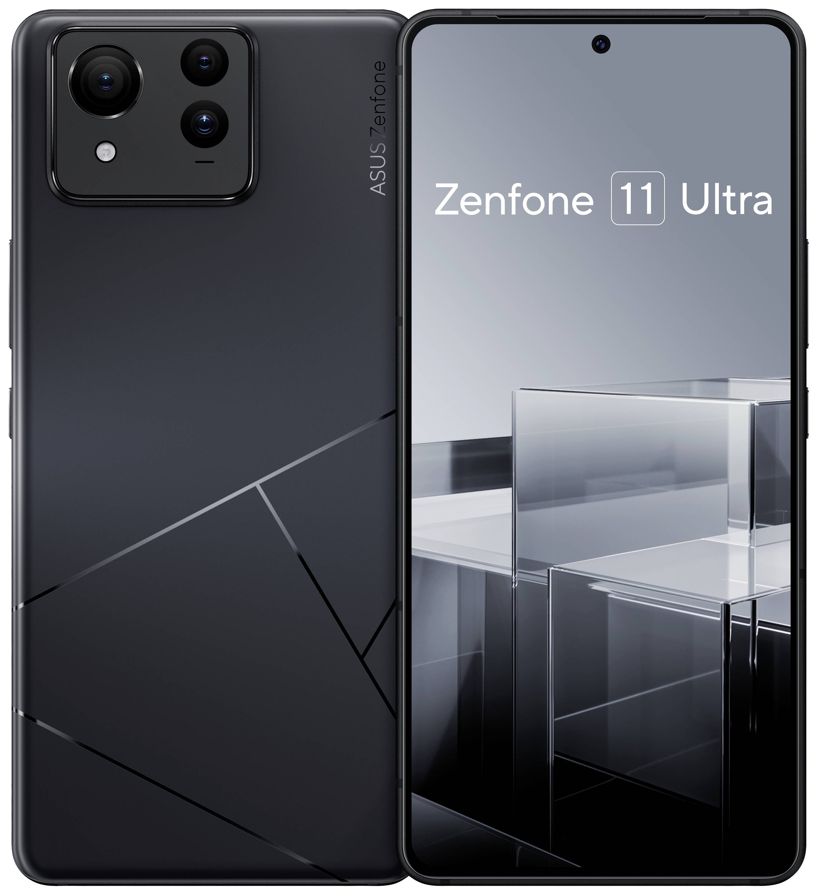 Twee zwarte smartphones met moderne ontwerpen; links achterkant met geometrische lijnen, rechts voorkant met 'Zenfone 11 Ultra' op het scherm.