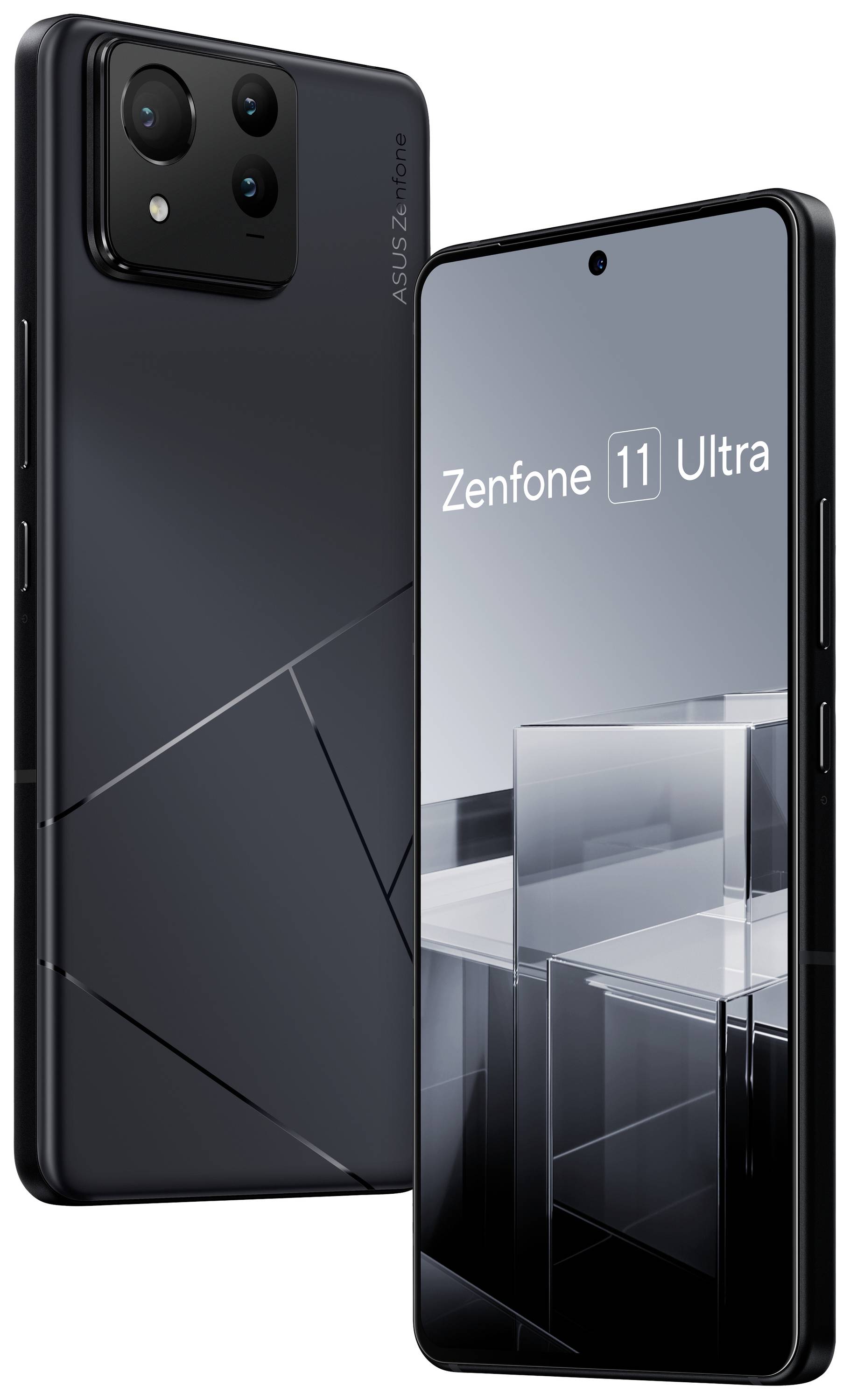 Twee zwarte smartphones, één van achteren en één van voren, naast elkaar. Op het scherm staat 'Zenfone 11 Ultra'.