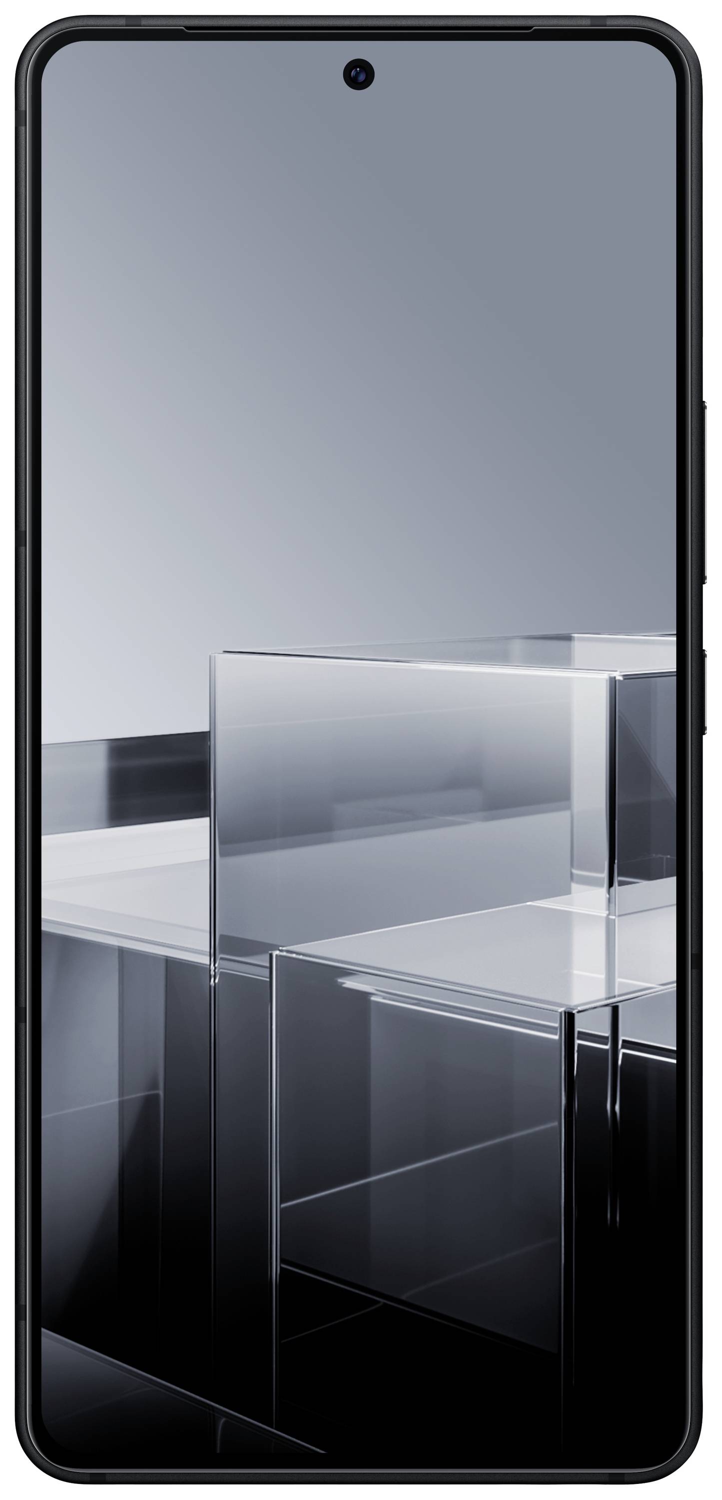 Smartphone met groot scherm. De voorkant toont een moderne glasstructuur als schermbeveiliging.