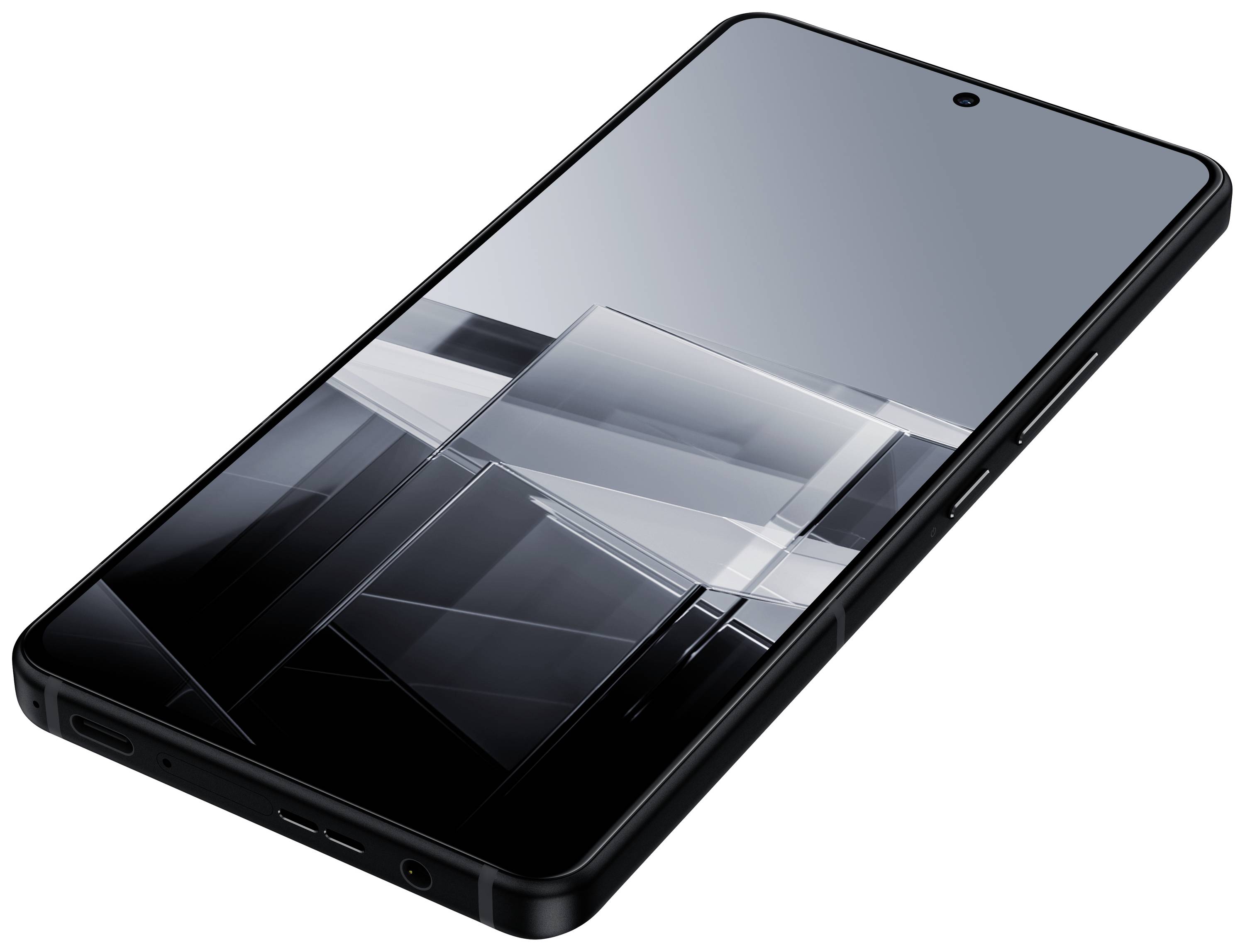 Een modern smartphone met een stijlvol design, donkere behuizing en een groot display waarop een abstract patroon te zien is.