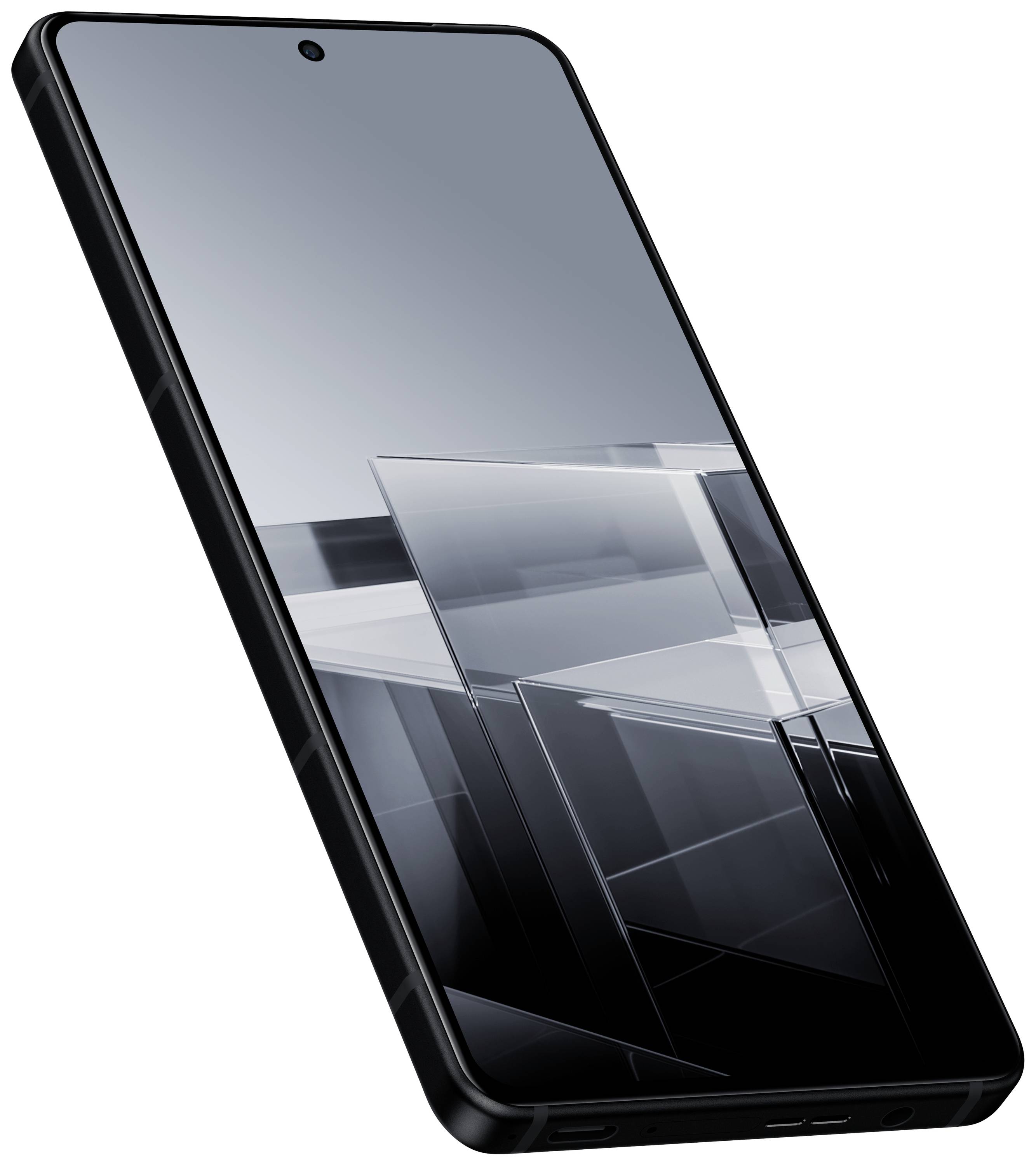 Smartphone met een zwart behuizing, schuin van opzij gefotografeerd. Het scherm toont een futuristisch geometrisch ontwerp in grijstinten.