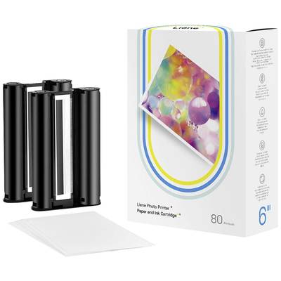 'Pakket met fotodrukpapier en kleurenlint voor 80 foto's, afgebeeld met papierstapel, geschikt voor 6-inch prints.'
