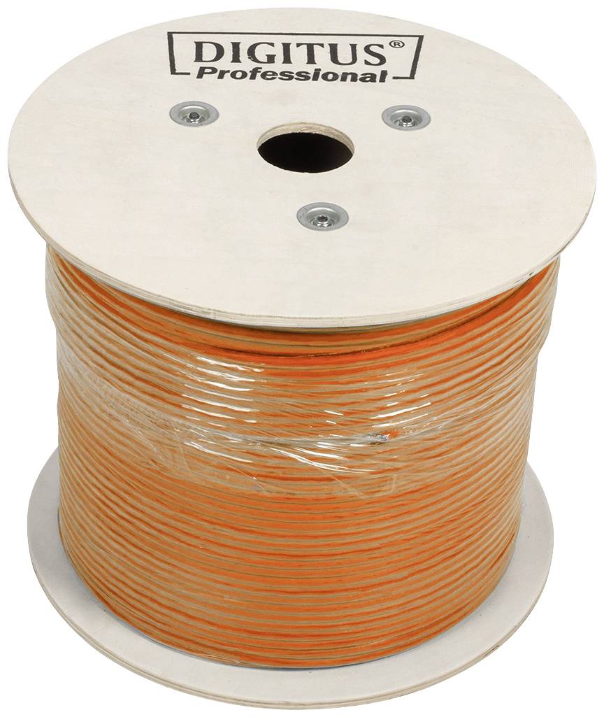 Een grote, ronde kabelrol met oranje kabel; gemarkeerd met 'Digitus Professional' aan de bovenkant.