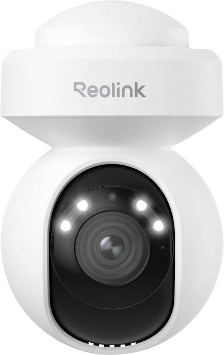 Een witte beveiligingscamera met lens en LED-lampjes, gemerkt met 'Reolink', ontworpen voor bewaking en monitoring.