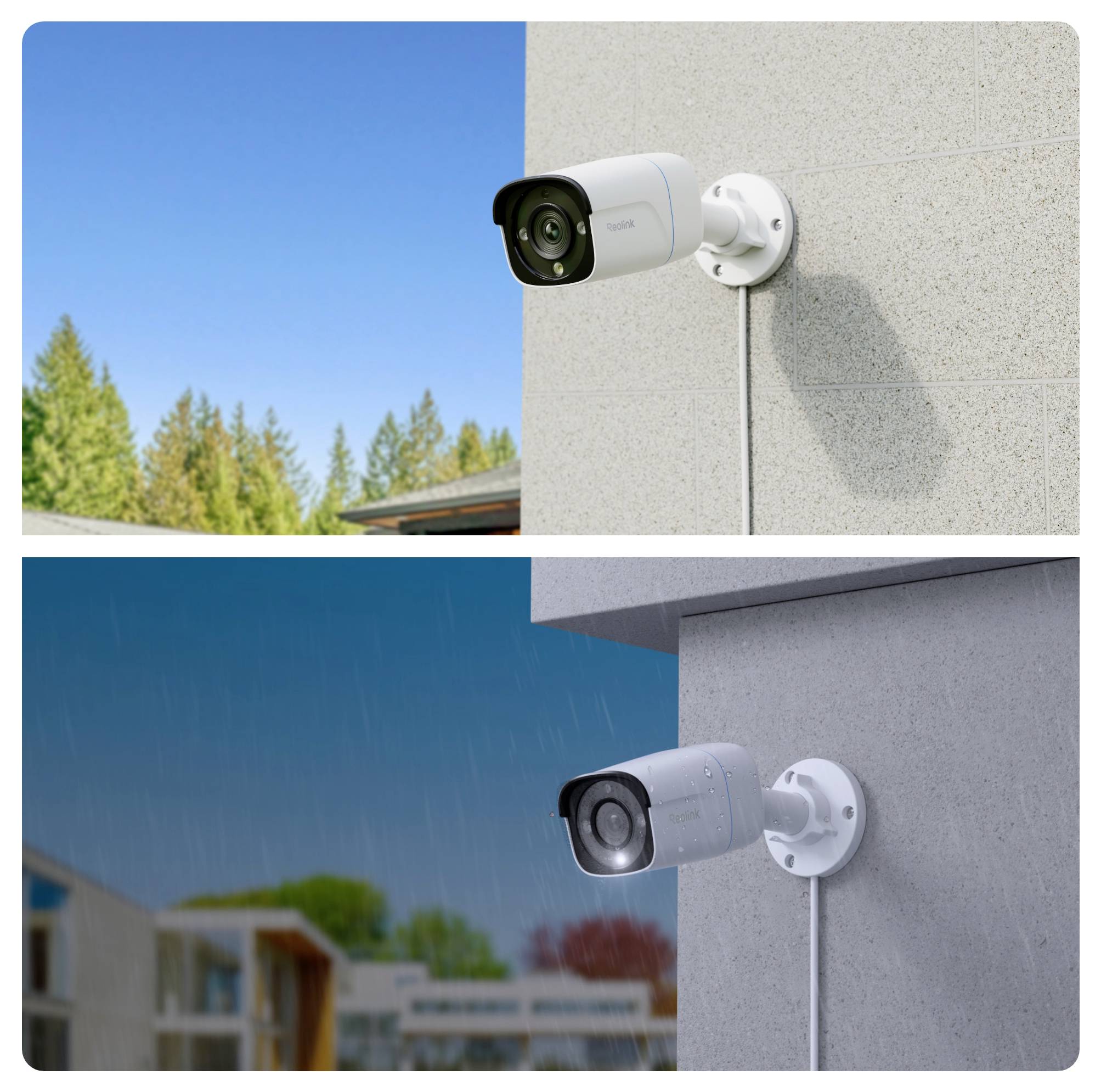 Twee beelden van een beveiligingscamera: één overdag bij zonnig weer, met heldere lucht en bomen; de andere 's nachts tijdens regen.