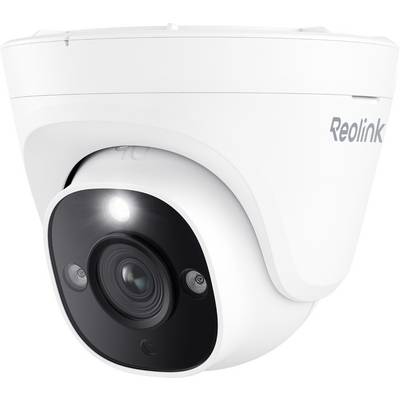 Een witte Reolink beveiligingscamera met meerdere lenzen en LED-verlichting voor bewaking, gemonteerd aan het plafond.