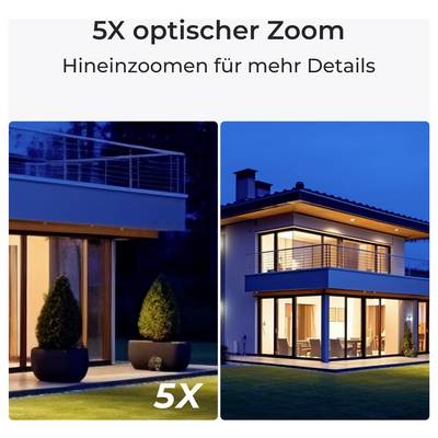 '5X optische zoom' met twee foto's van een huis 's nachts. De linker afbeelding is ingezoomd en benadrukt de ramen en verlichting.