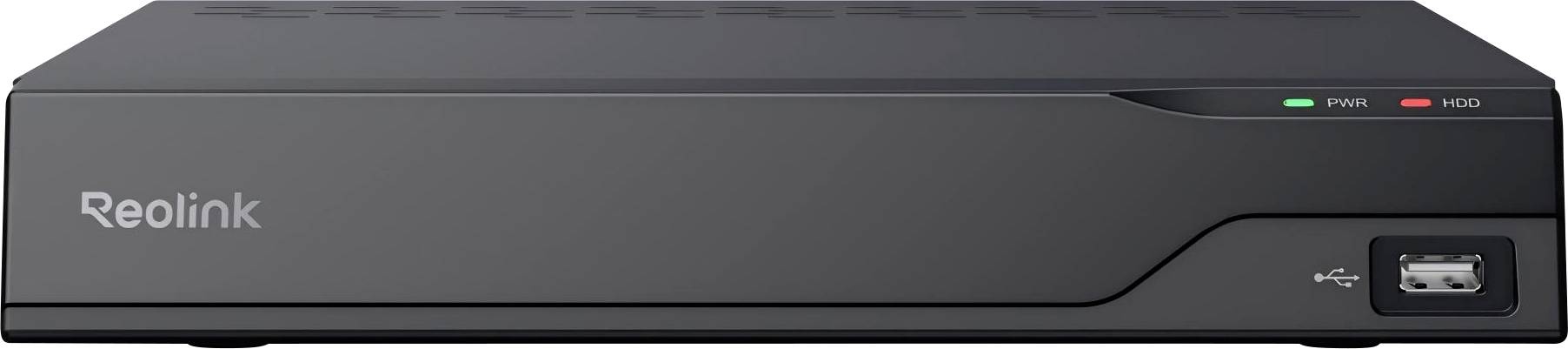 Een zwarte Reolink NVR-apparaat met indicatoren en een USB-poort op het voorpaneel, gebruikt voor het beheren en opnemen van bewakingsbeelden.