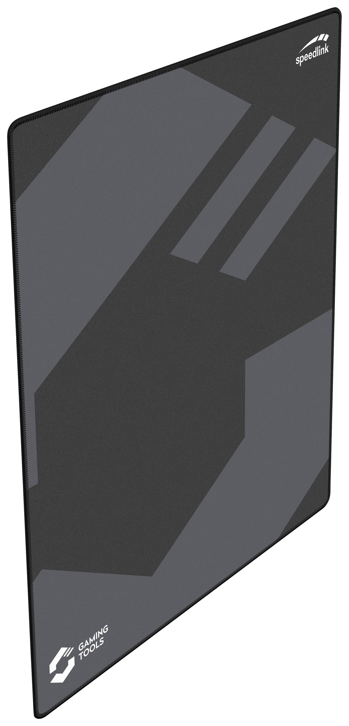 Een rechthoekig, zwart muismat met een grijs geometrisch patroon en de logo's 'Speedlink' en 'Gaming Tools' in de hoeken.