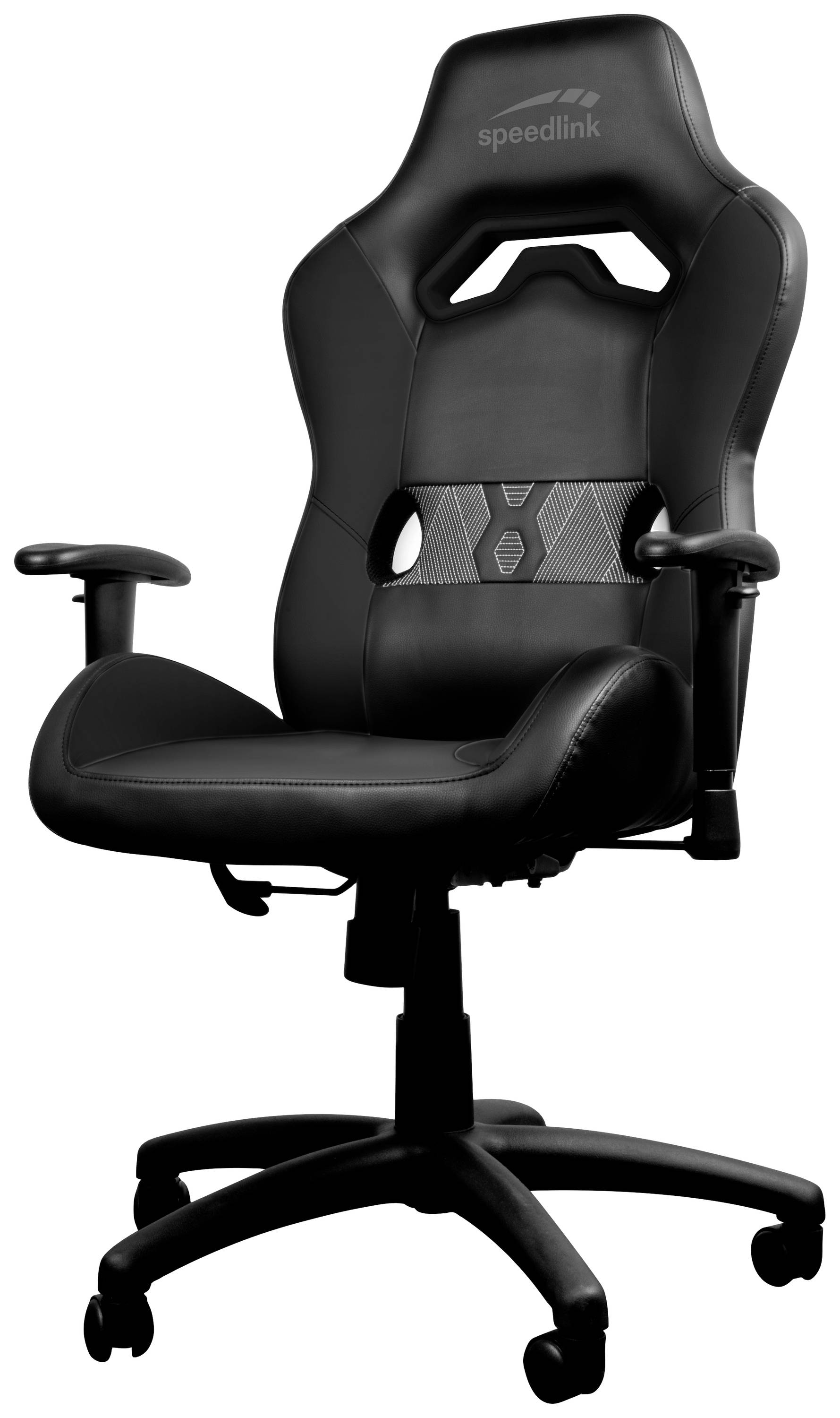 Zwarte gamingstoel met hoge rugleuning, verstelbare armleuningen en vijf wielen. Ergonomisch ontwerp voor comfort.