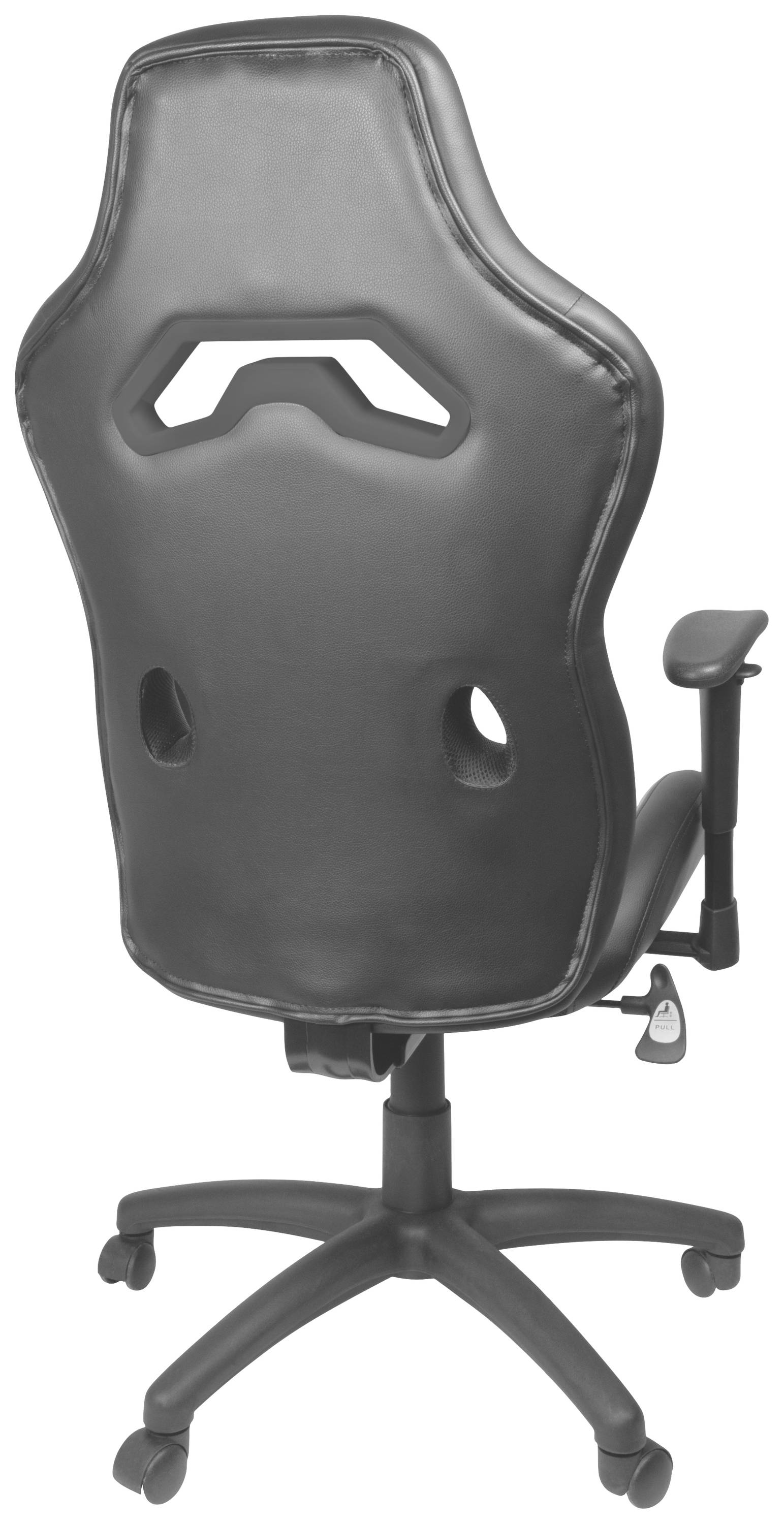Een zwarte bureaustoel met ergonomisch ontwerp en verstelbare armleuningen, gemonteerd op wieltjes voor gemakkelijke verplaatsbaarheid.