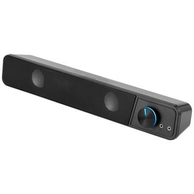 Zwarte soundbar met twee luidsprekers en een volumeregelaar die blauw oplicht.