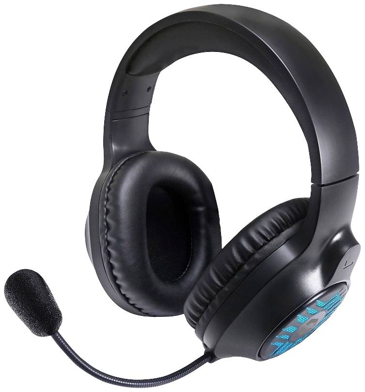 Een zwarte gaming-headset met microfoon en een blauw lichtpatroon op de oorschelpen.