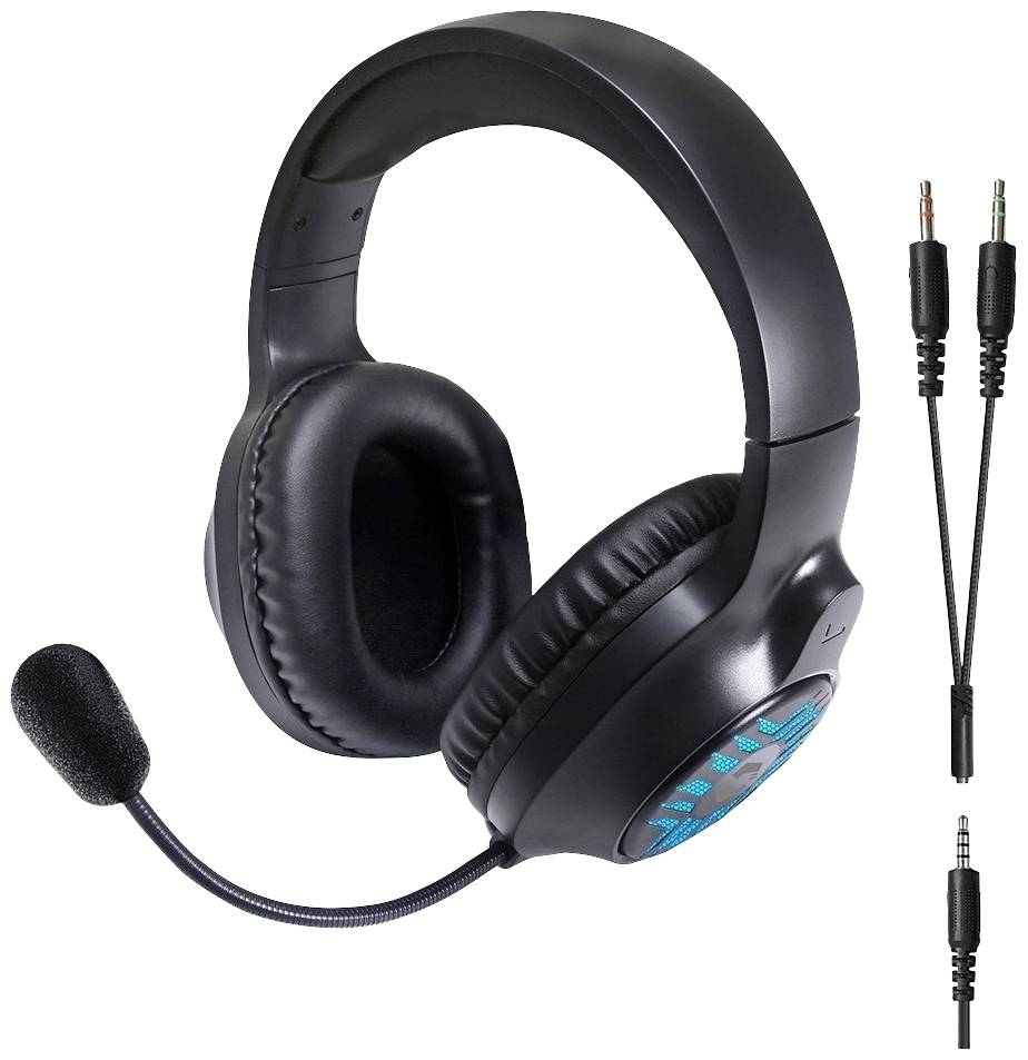 Zwart headset met microfoon, verbonden via audiostekker, toont een blauw patroon aan de zijkant.