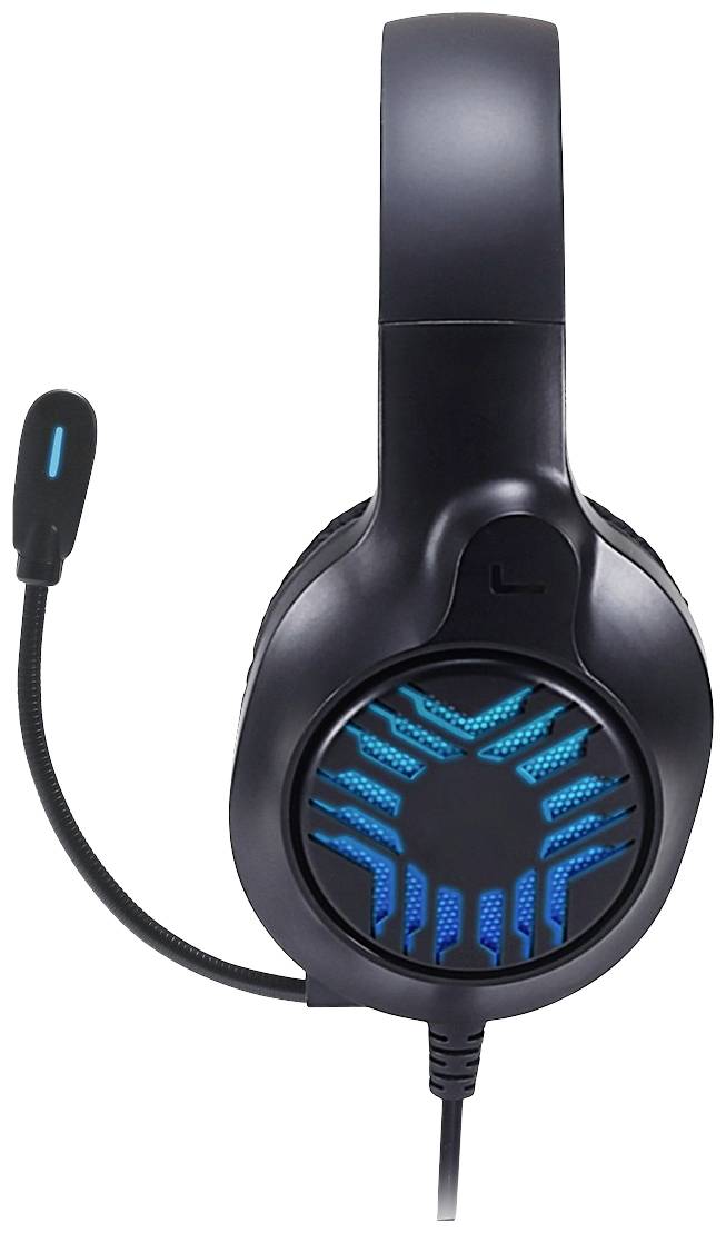 Zwart gaming-headset met blauw verlichte oorschelpen en een flexibele microfoonarm.