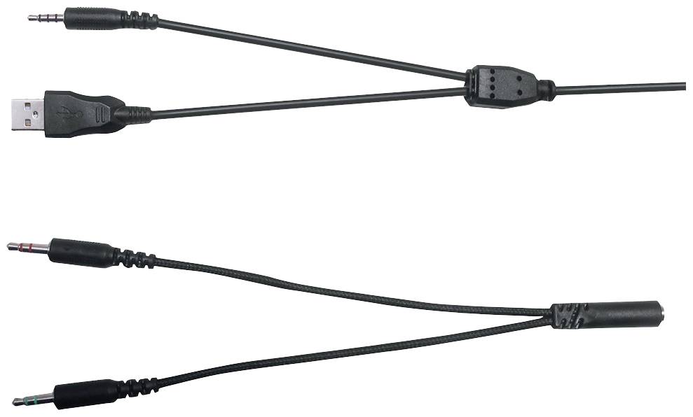 Kabel met een USB-aansluiting en twee 3,5-mm-audio-aansluitingen voor microfoon en koptelefoon, geschikt voor audio- en gegevensoverdracht.