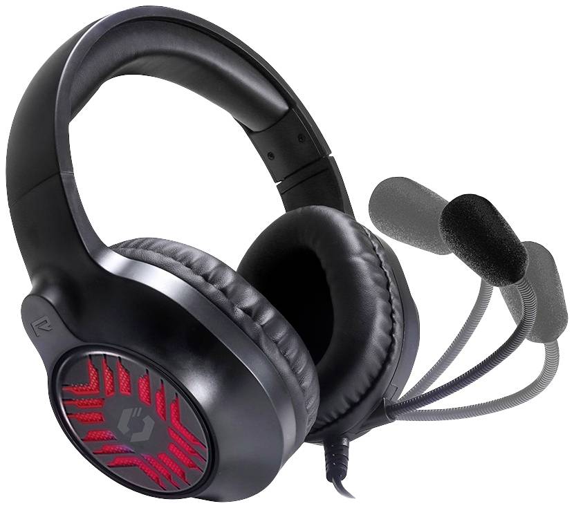 Zwart gaming-headset met rood ventilatiemotief op de oorschelpen en een flexibele microfoon.