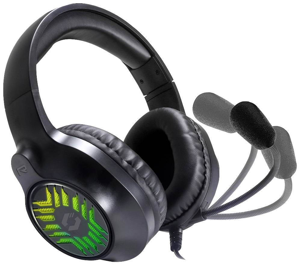 Zwart gaming-headset met microfoon, groene LED-verlichting op de oorschelpen. Ideaal voor computerspellen en online communicatie.