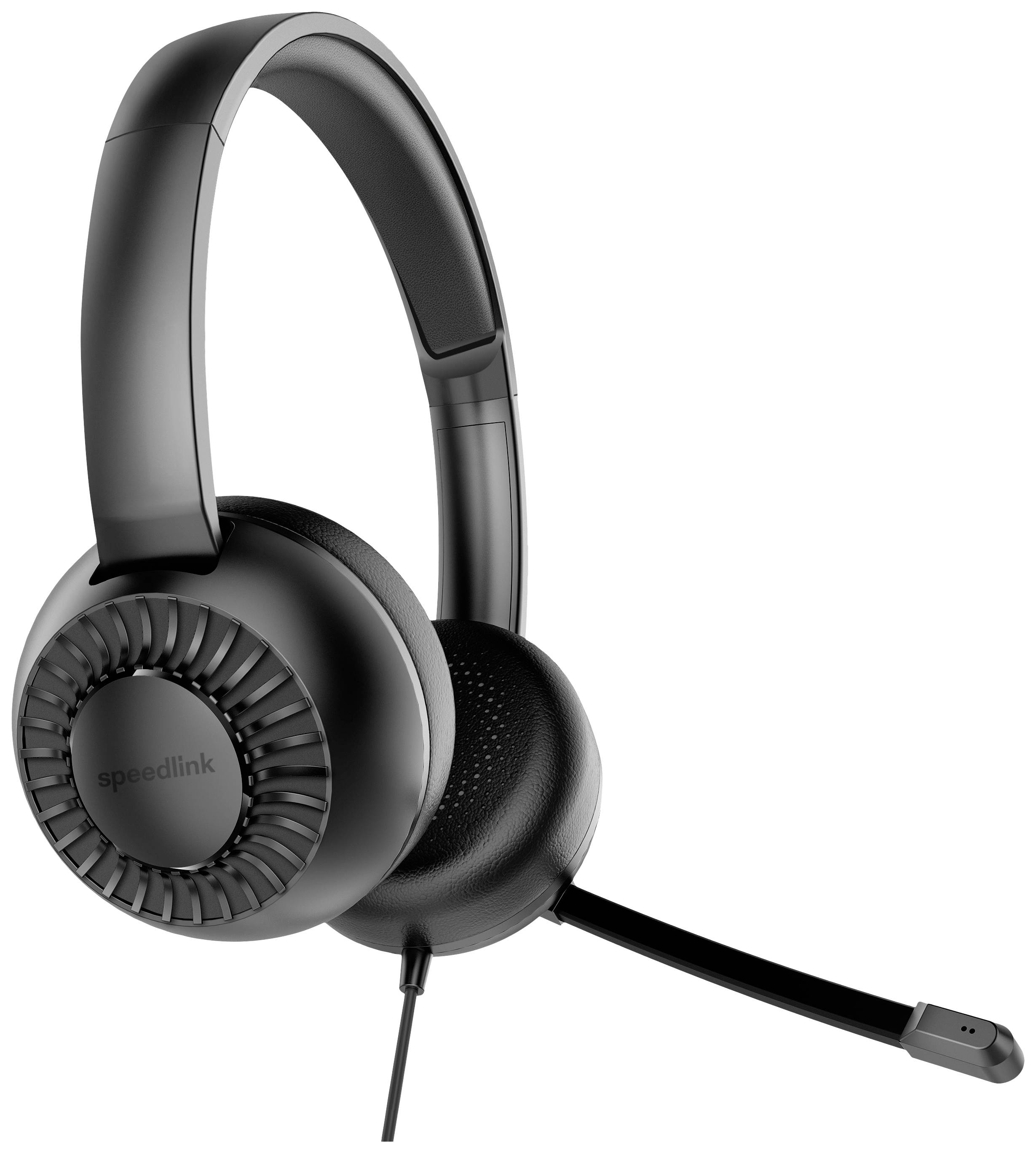 Zwart headset met gewatteerde oorschelpen en verstelbare microfoonarm, geschikt voor computer en communicatiedoeleinden.