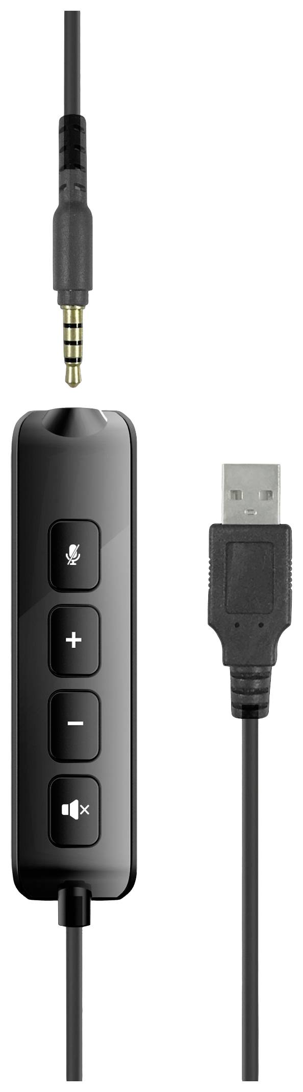 Zwart headsetkabel met bedieningselementen en USB-stekker. Bevat volumeregelaar, microfoon dempen en 3,5-mm audiojack.