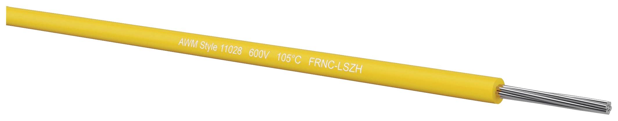 Geel, geïsoleerd kabel met zichtbare metalen kern aan één uiteinde. Op de isolatie staat: 'AWM 3173 1000V 105°C FRNC-LSZH'.