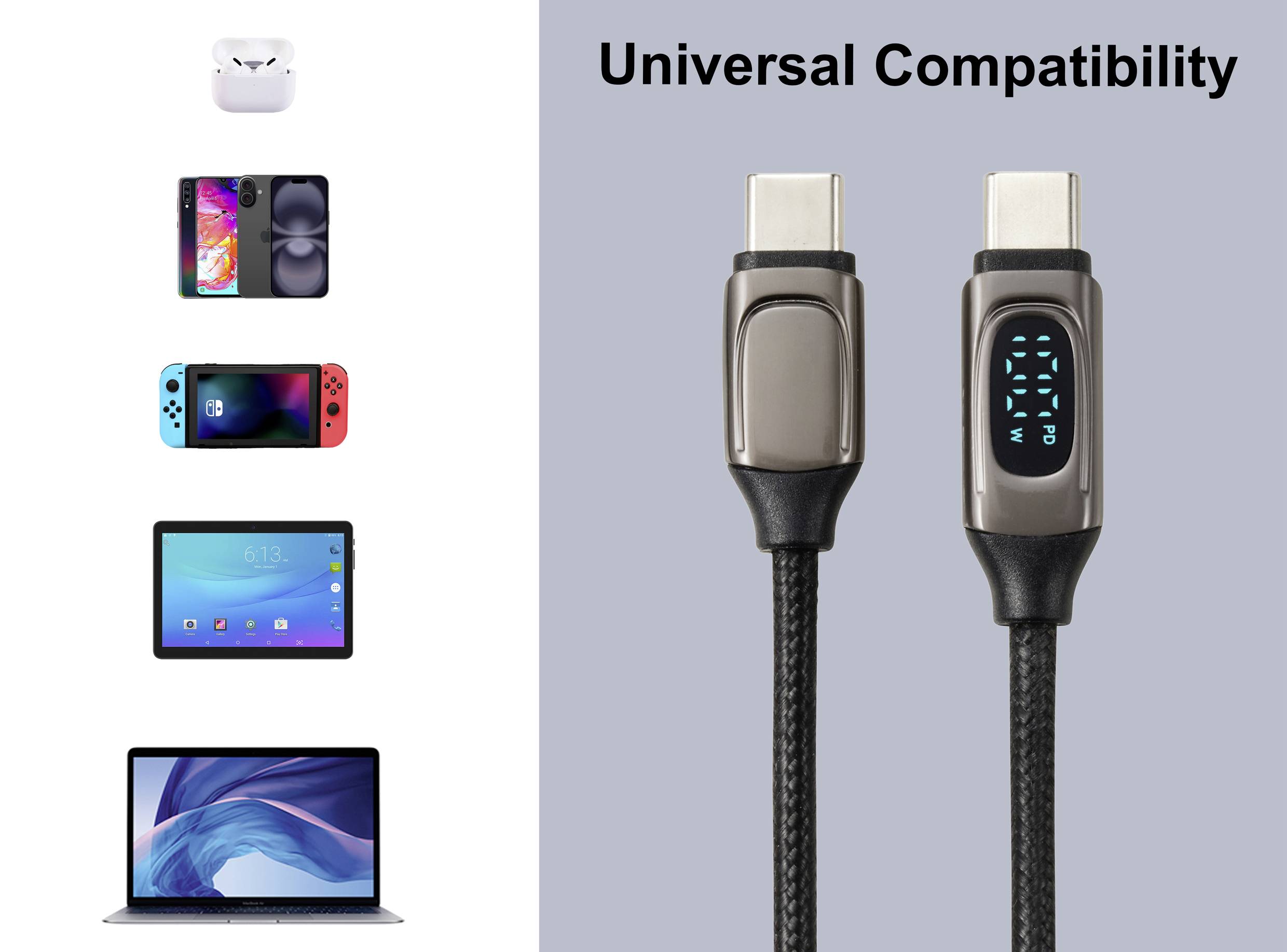 'Universele Compatibiliteit' toont een USB-C-kabel naast verschillende apparaten, waaronder smartphone, tablet, laptop en koptelefoon, die het kabel ondersteunen.