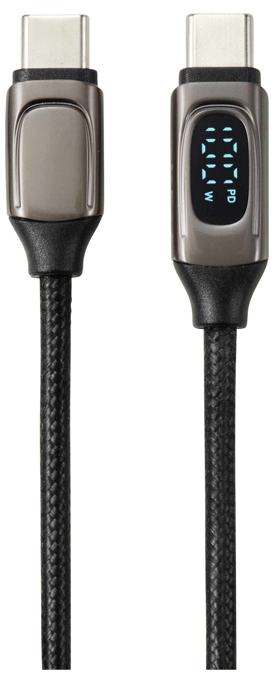 USB-C-kabel met lichtgevende blauwe symbolen op een stekker, zwart gevlochten kabel, geschikt voor snelle gegevensoverdracht.