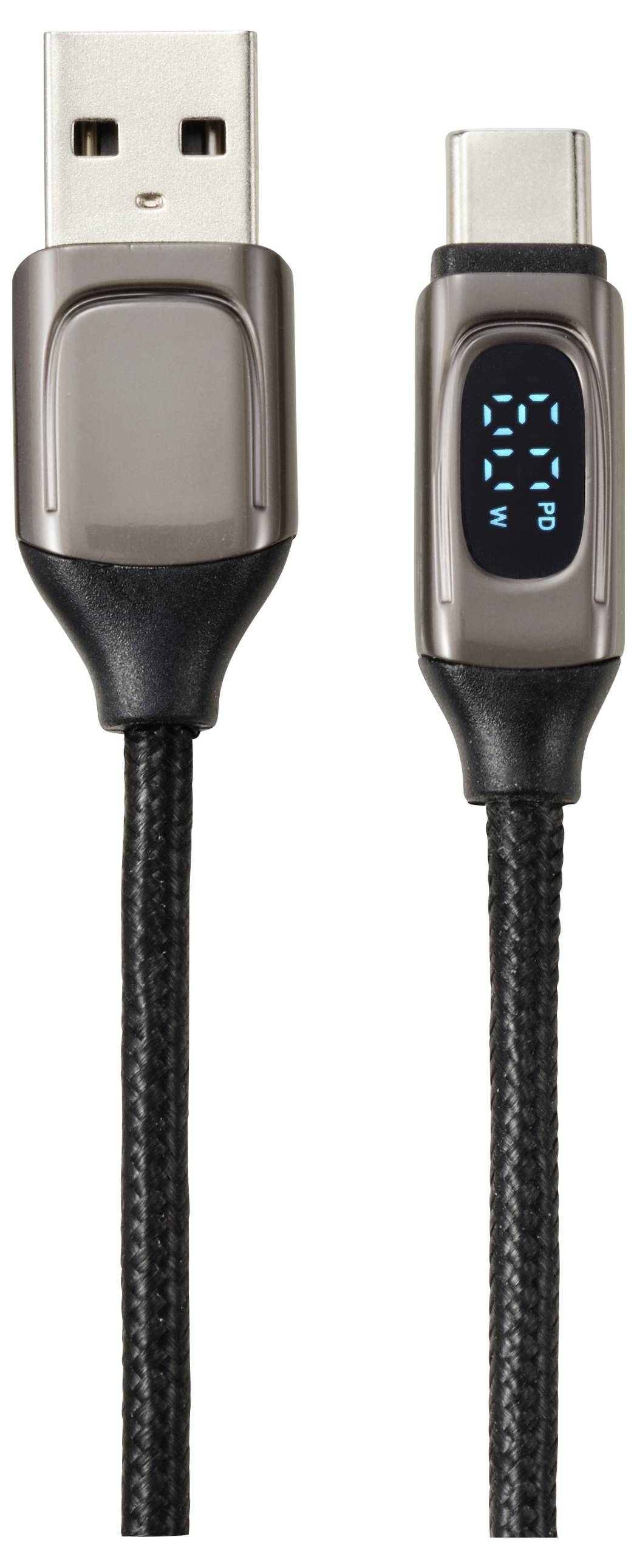 USB-kabel met USB-A- en USB-C-aansluitingen, zwart gevlochten kabel, digitaal display bij USB-C-aansluiting toont 'PD'.