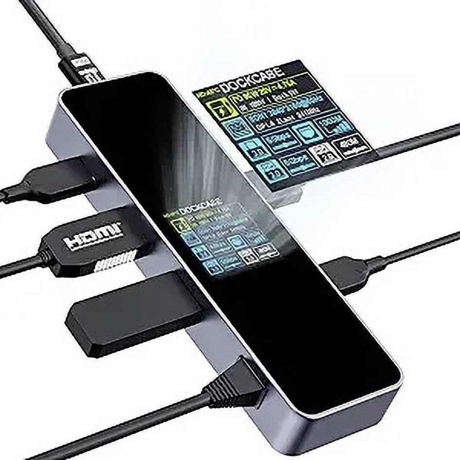 Een USB-C-hub met meerdere aansluitingen, waaronder HDMI en USB, verbonden met verschillende apparaten. Display toont de aansluitstatus.