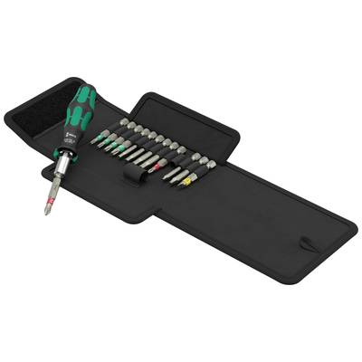 Een geopende bitset met een schroevendraaierhandvat en verschillende verwisselbare bits in een zwarte tas.