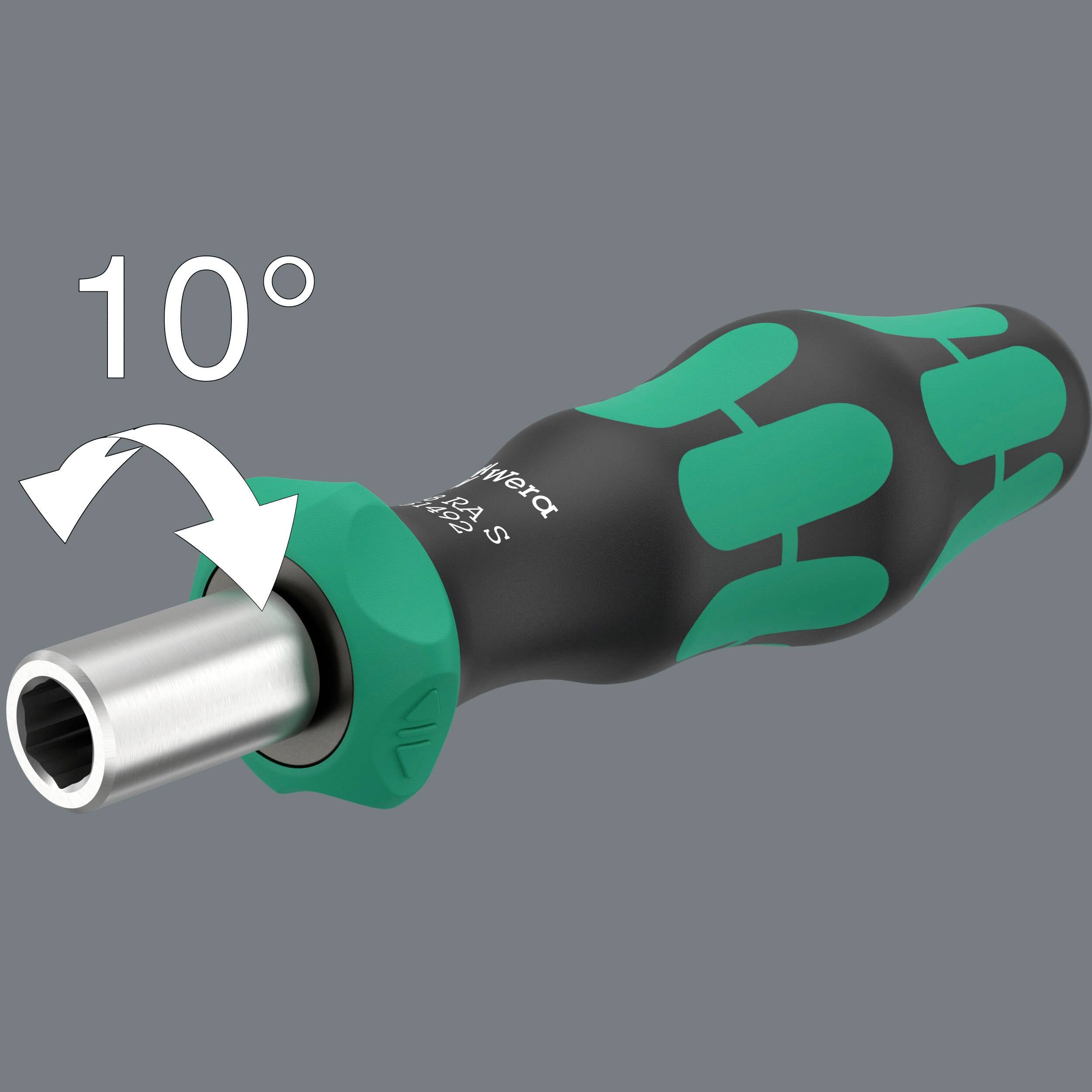 'Schroevendraaier met ergonomische handgreep toont 10° draaibeweging.'