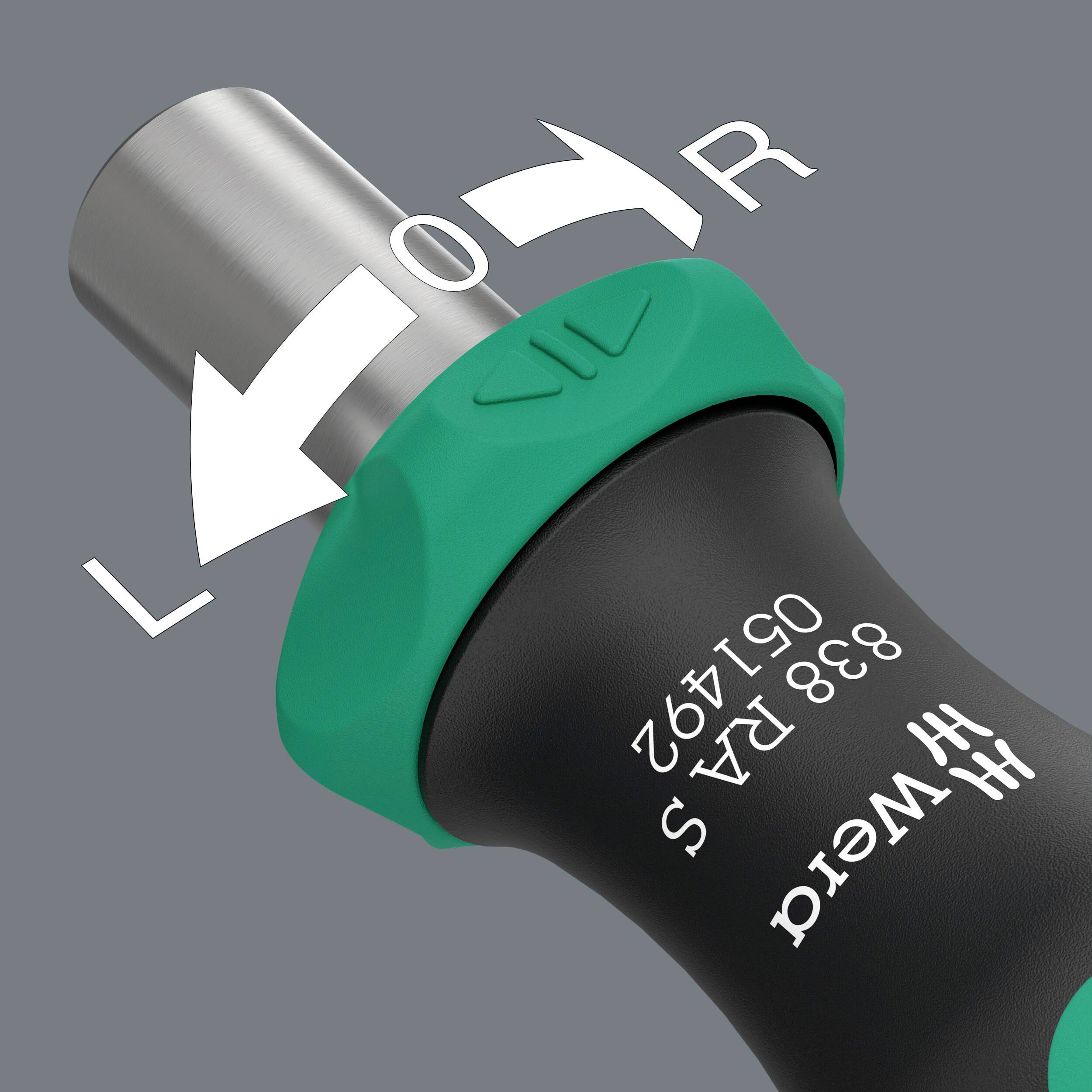 Schroevendraaier-handgreep in grijs en groen met pijlen die wijzen op draairichting links (L) en rechts (R); nummers op handgreep.